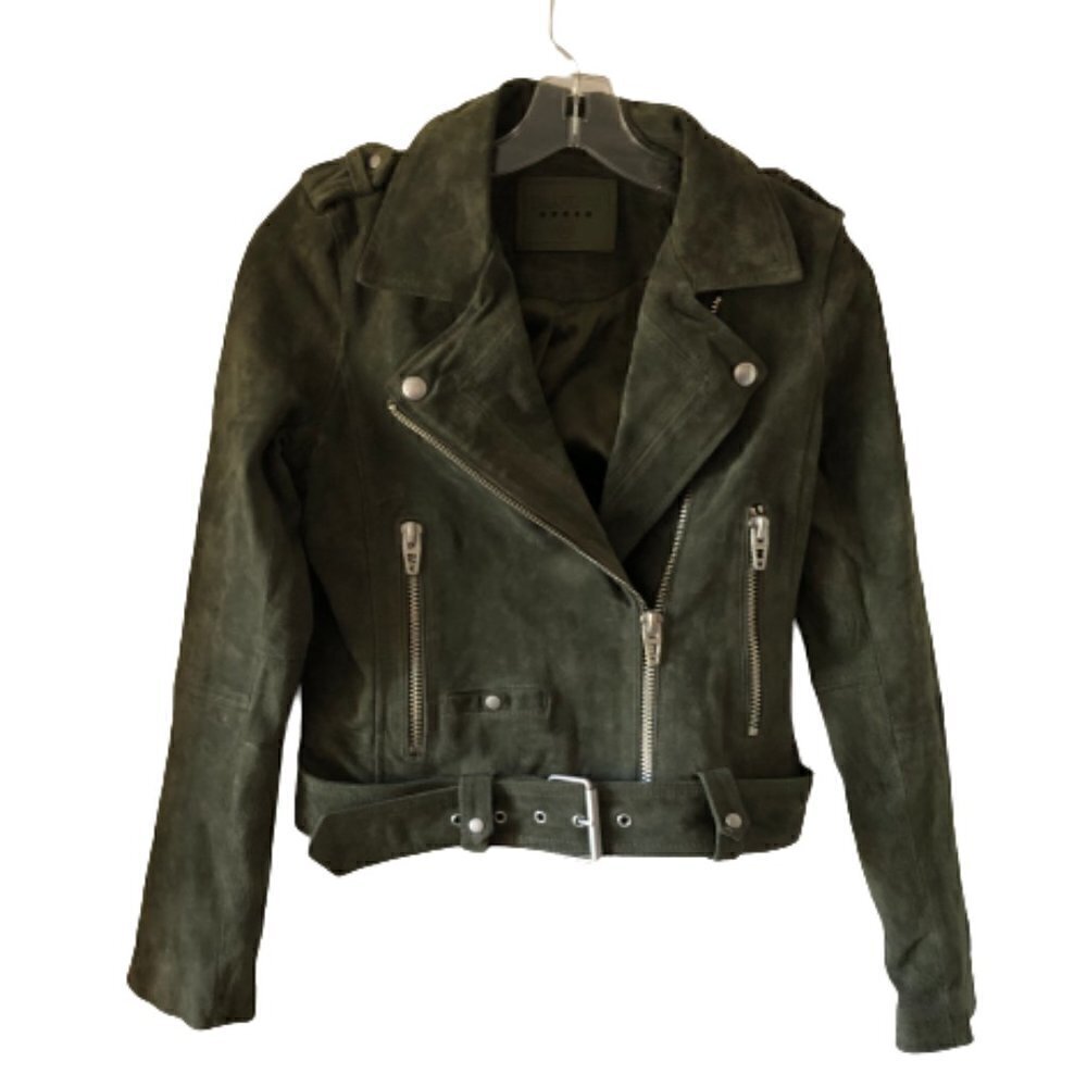 BlankNYC Cropped Suede Moto Jacket Olive Green XS 100% Leather Belted Biker 3000